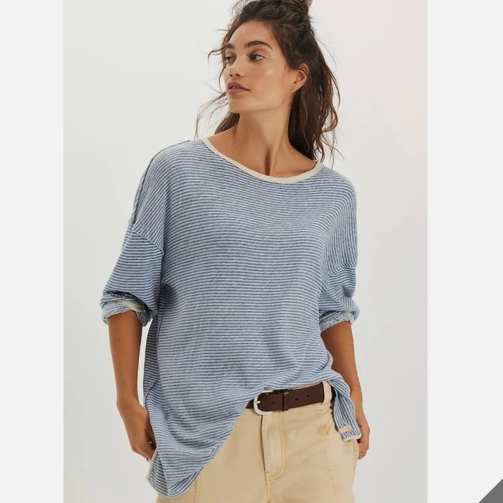 We The Free Veronica Blue Striped Tee Linen Slouchy Boho